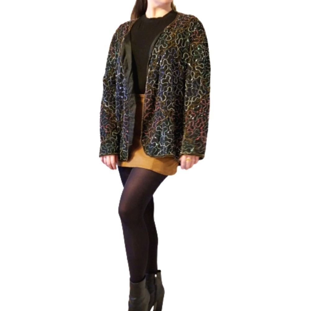 Vintage JMD New York Hand Multicolor Beaded Sequin Swirl Black Evening Jacket 2X